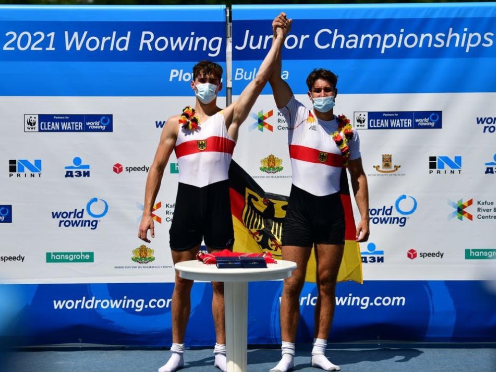 Finn on the podium at the 2021 World Rowing Junior Championships