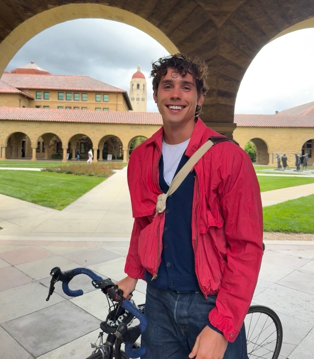 Finn with his bike in Stanford's Main Quad